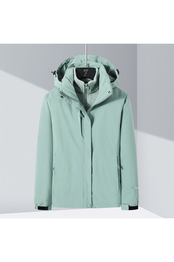 Hiking Fall Jackets for Women Hooded Green 3 in 1 Windbreaker Fleece Liner Snowboard Parka Jacket Coats for Women L