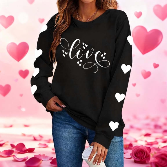 Dolkfu Holiday Shirts for Women Heart Print Black Valentines Day Graphic Tees Pullover Crewneck Women Tops M