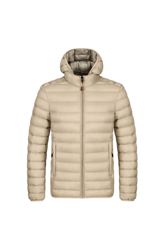 Hooded Men Jacket Heavyweight Beige Puffer Jacket Slim Fit Cotton Active Down Jacket Mens Coats Fall L