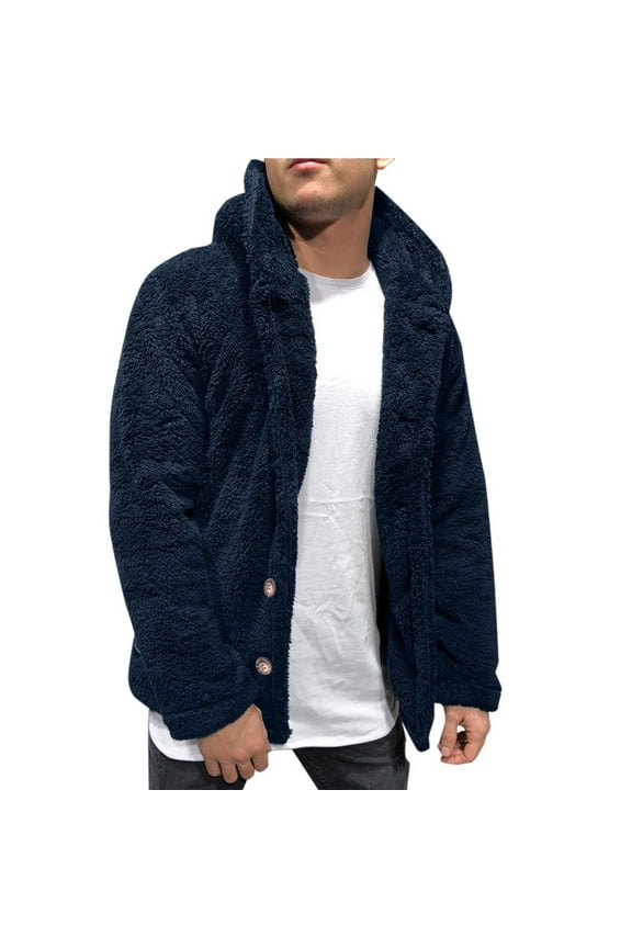 Hooded Mens Jackets Winter Blue Casual Fleece Outerwear Coat Fluffy Button Down Overcoat Winter Coats for Man M