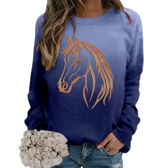 Dolkfu Horse Womens Sweatshirt Long Sleeve Crew Neck Pull-on Blue Sweatshirt Animal Printed Casual Tops Blue,Xl