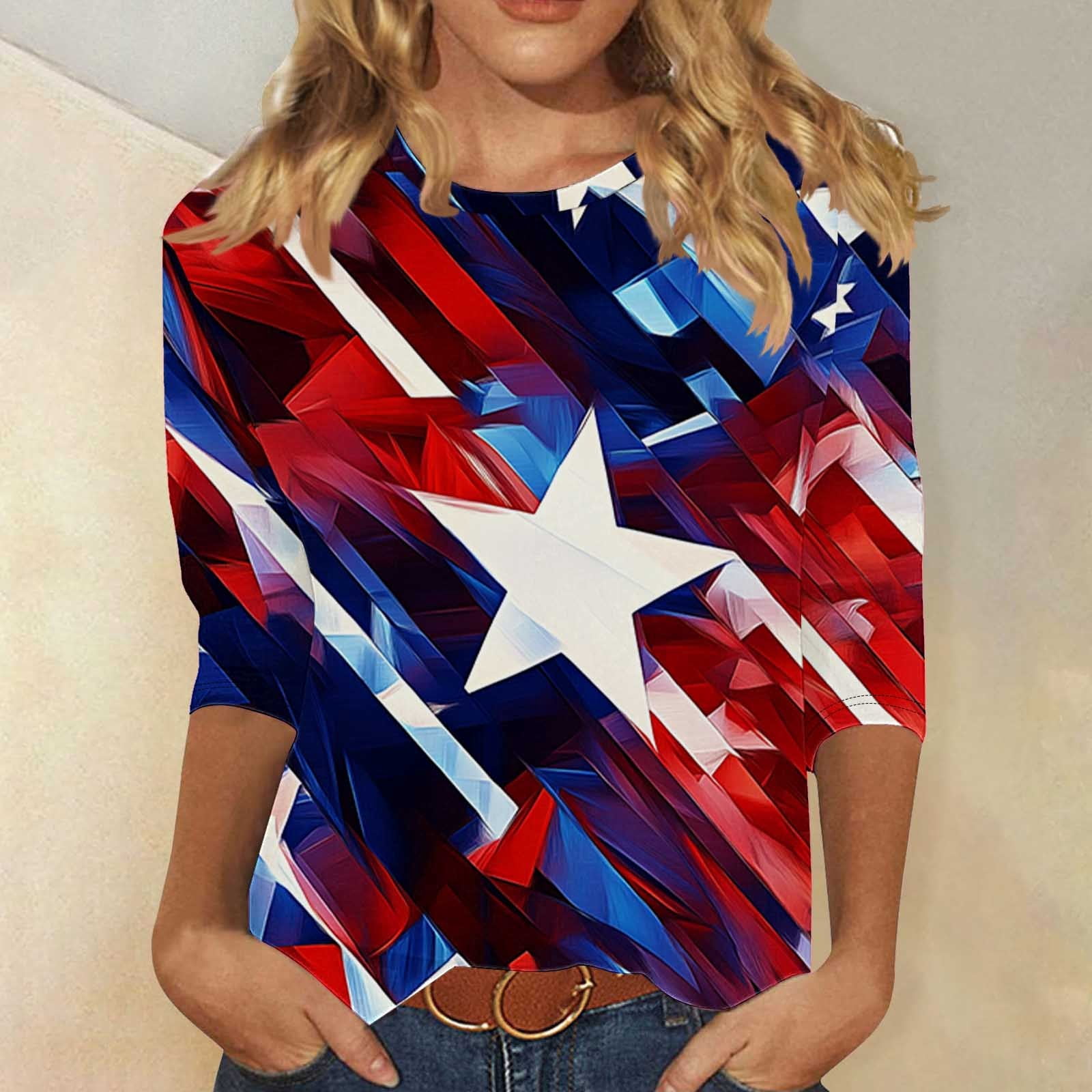 Dolkfu Independence Day Tops for Women Elbow-Length Multicolor Crew ...