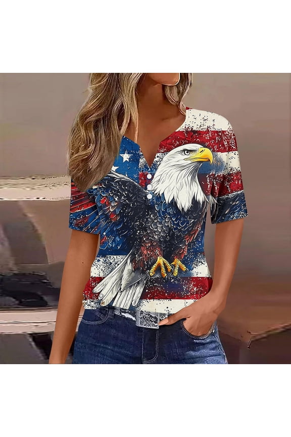 Independence Day Women'S Tops Red V-Neck Short Sleeve Button T-Shirts Animal Bird Bald Eagle Tops Red,S