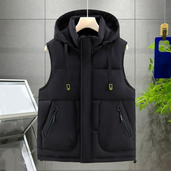 Dolkfu Jacket Men Sleeveless Black Hooded Puffer Vest Padded Zip up Outerwear Jacket Fall Coats for Man XL
