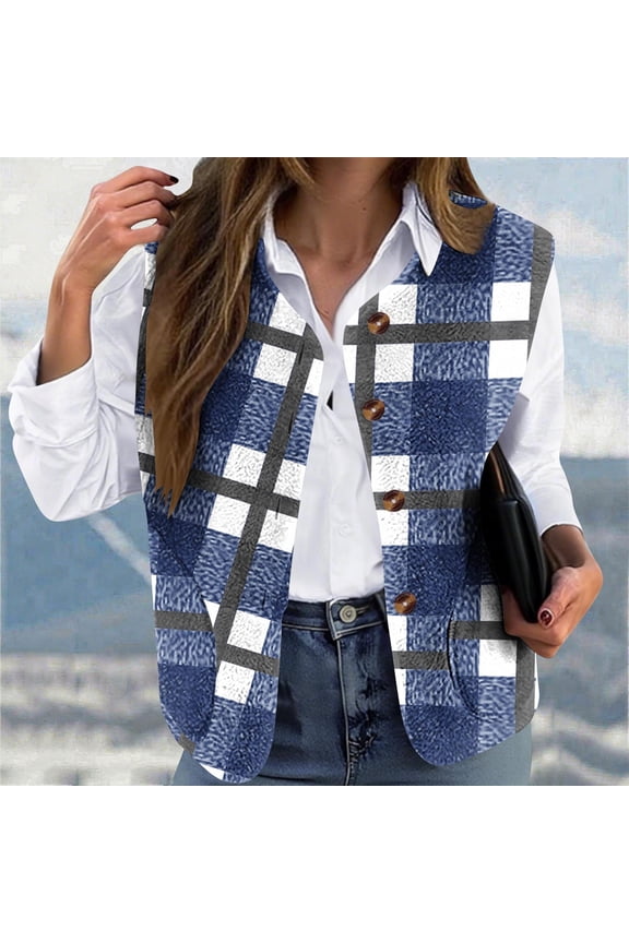 Jacket Women Blue Button Down Flannel Puffer Vest Sleeveless Business Plaid Jacket Women Coats L
