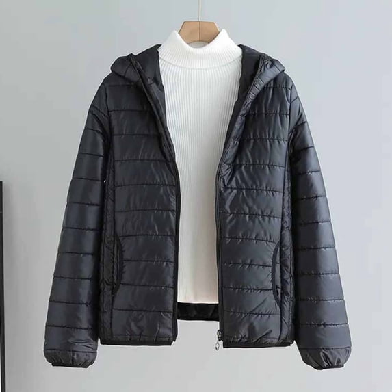 Dolkfu Jacket with Hood for Women Lightweight Black Puffer Jacket Zip Up Cotton Down Jacket Womens Coats L