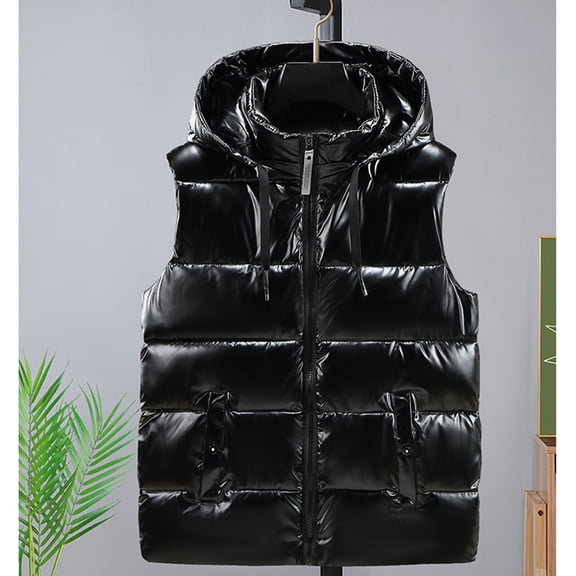 Dolkfu Jackets Men Winter Sleeveless Black Hooded Puffer Jacket Padded Full Zip Puffer Vest Mens Fall Coats L