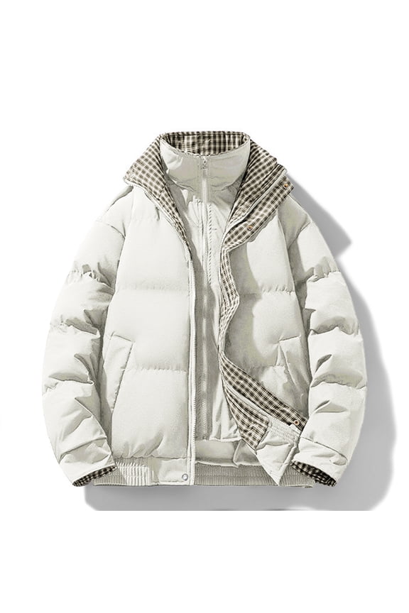 Jackets for Men Beige Heavyweight Stand Collar Puffer Jacket Cotton Classic Fit Outerwear Coat Coats for Men L