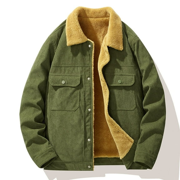 Dolkfu Jackets for Men Fleece Lined Button Down Green Trucker Jacket Corduroy Solid Sherpa Coat Mens Coats Winter XXL