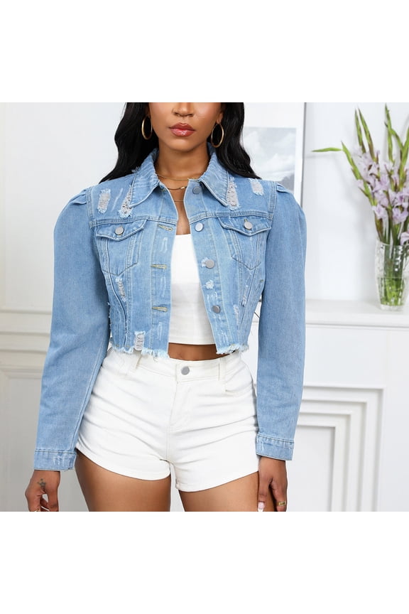 Jackets for Women Trendy Distressed Cropped Blue Denim Jacket Button Down Ripped Jean Shacket Coats for Women M