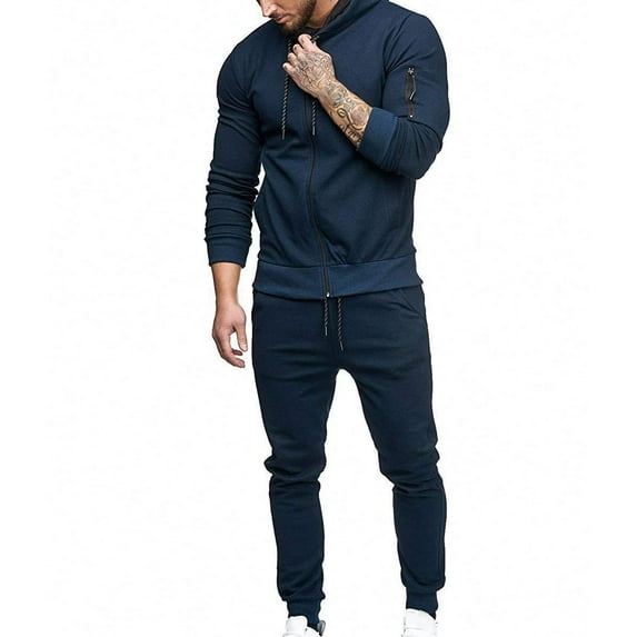 Dolkfu Jogger Mens Sets Cotton Jackets Sweatpants Hooded Solid Color Full Zip Tracksuits Outfits for Man 2X