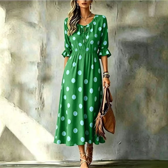 Dolkfu Keyhole Neck Dresses for Women Dressy Casual Green 3/4 Sleeve Waist Cinched Long-Length Fit & Flare Dresses Polka Dot Vacation Green,M