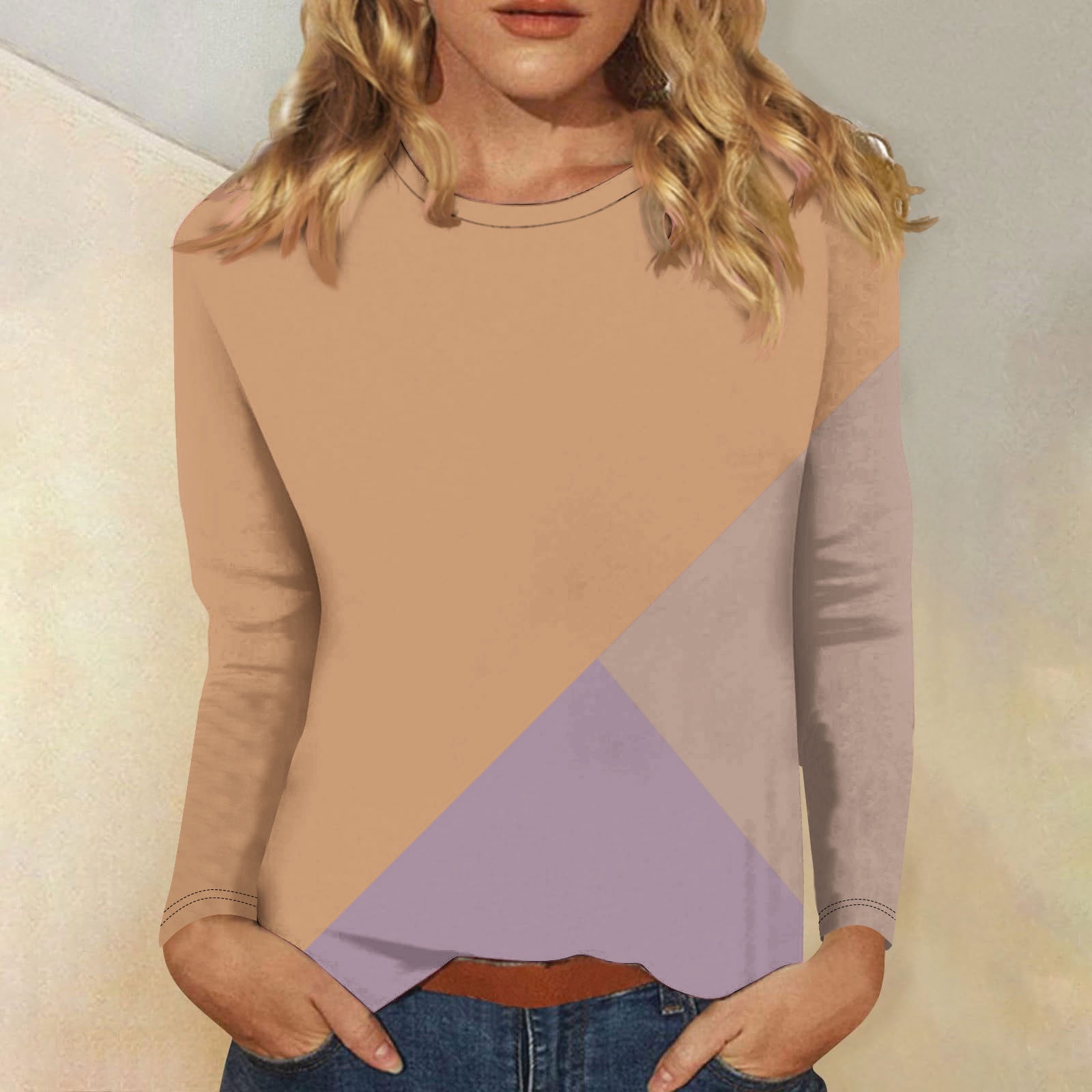 Dolkfu Khaki Woman Tops Casual Long Sleeve Colorblock Leisure TShirts