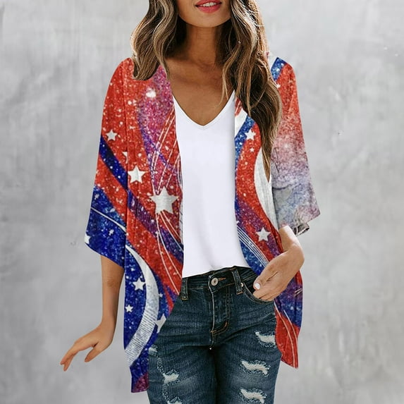 Dolkfu Kimonos for Women Beach Swimsuit Independence Day Cover-up Women 3/4 Sleeve Cardigans
