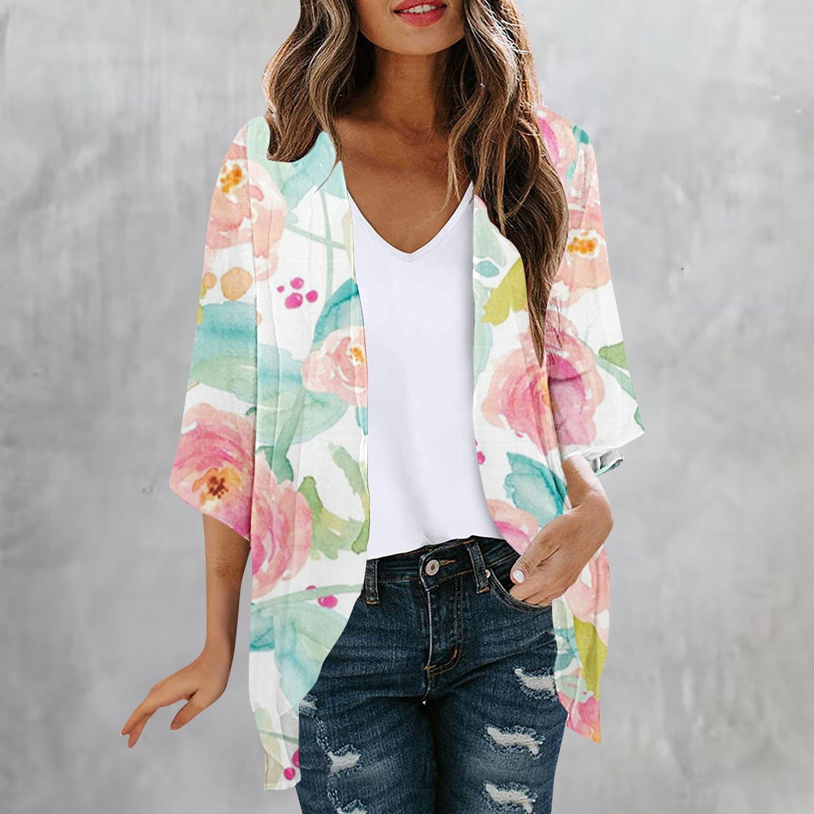Chunoy Cardigan Kimono Donna In Chiffon Floreale - Maniche Corte, Aperto, Taglia S, Rosa, Perfetto Per L'Estate