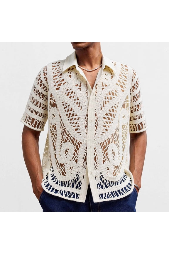 Lace Shirts Mens Mesh Cotton Button Down Shirt Beach Hollow Out Mens See Through Shirts L