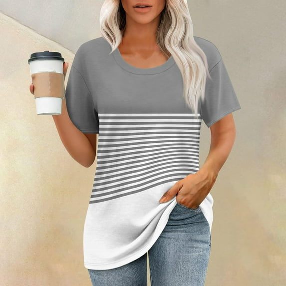 Dolkfu Ladies Tops Short Sleeve Casual Round Neck Loose Fit Color Block Striped Tunic Tops Women T Shirt,3XL