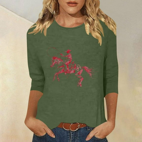 Dolkfu Ladies Tunic Tops 3/4 Sleeve Western Cowboy Crew Neck Vintage Loose Fit Casual T-Shirt Tunics for Women XL