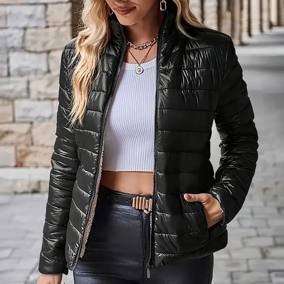 Dolkfu Lightweight Fall Jacket Women Black Stand Collar Solid Puffer Jacket Slim Fit Outerwear Coat Coats for Women 2025 S