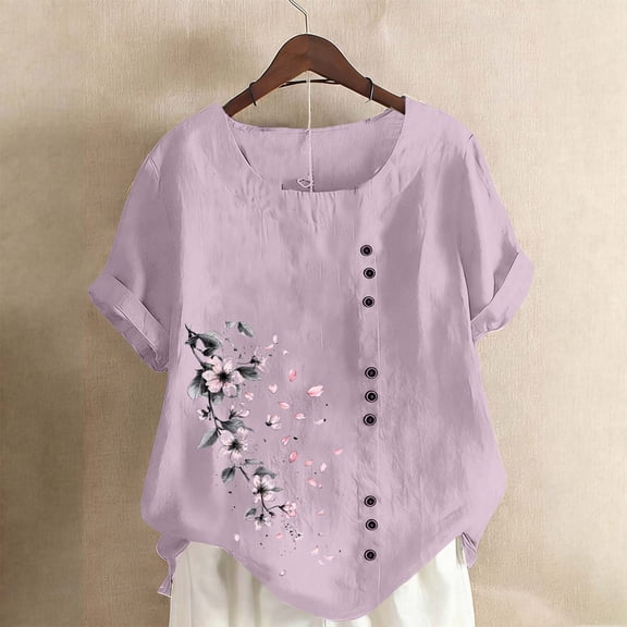Dolkfu Linen Womens Tops Short Sleeve Purple Crew Neck T-Shirts Breathable Loose Fit Womens Shirts S