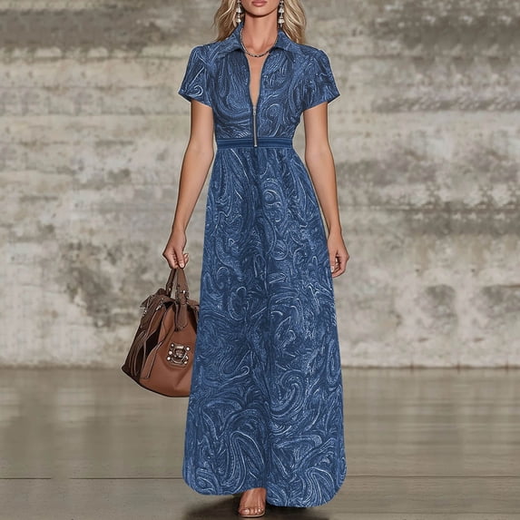 Dolkfu Long Dresses for Women Short Sleeve Collared Shirt Dress Blue Dresses Paisley Geometric Abstract Relaxed Fit Garments Blue,Xxl