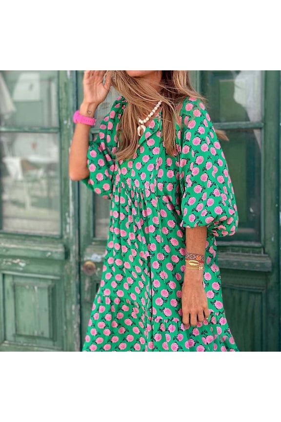 Long Fall&Winter Dresses for Women 2026 Elbow-Length V-Neck Boho Green Dresses Refined Relaxed Fit Geometric Flowers A-Line Dresses Green,L