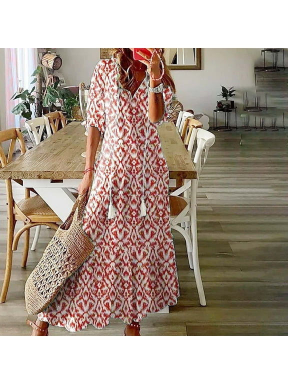 Long Fall&Winter Dresses for Women Red V-Neck Short Sleeve Boho Dresses Paisley Relaxed Fit Retro Geometric A-Line Dresses Red,Xxl
