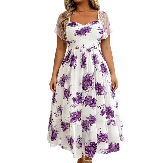 Dolkfu Long Fall&Winter Dresses for Women Short Sleeve Purple Square Neckline Artistic Dresses Refined Abstract Chiffon Peasant Dresses Purple,Xxxxxl
