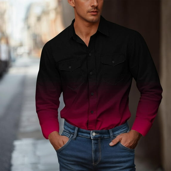 Dolkfu Long Sleeve Fall Mens Shirt Button Down Workwear Gradient Print Lightweight Cargo Shirt Mens Tops XXL