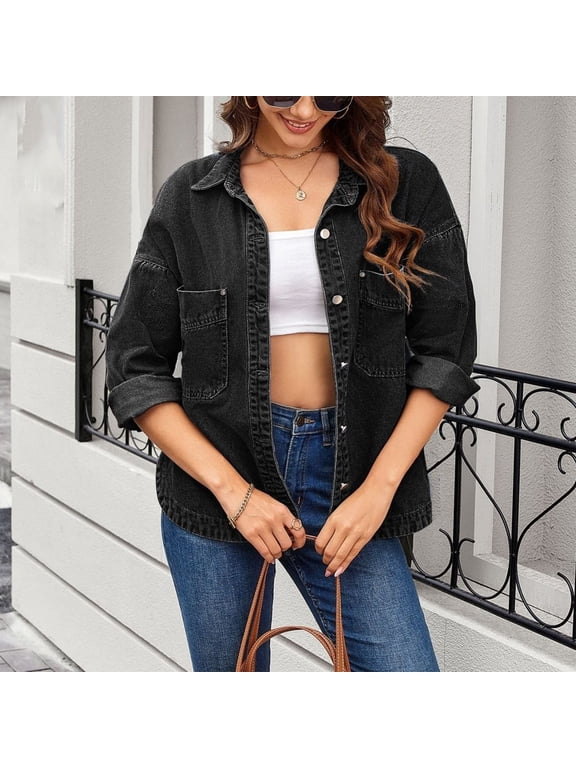 Long Sleeve Going Out Tops Collared Black Button Western Cowboy Bomber Modern Solid Denim Retro Jackets Black,L