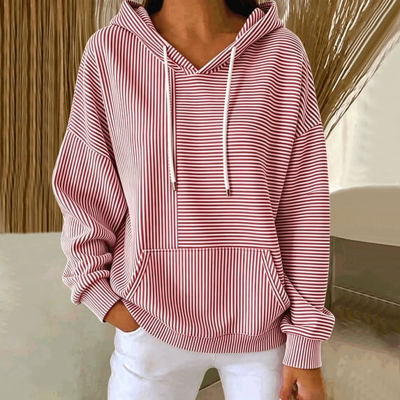 Dolkfu Long Sleeve Going Out Tops Red Crew Neck French Chic Pull-on Hoodie Striped Minimalist Patchwork Tops Red,Xxl