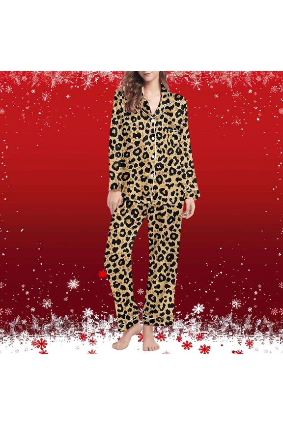 Long Sleeve Pjs Set for Women Comfy Button Down Shirt Pajama Sets Pants Leopard Print Lounge Sets for Women L