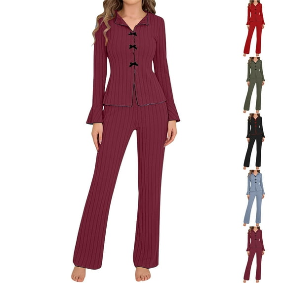 Dolkfu Long Sleeve Pjs Sets for Woman Button Down Bow Pant Sets Puff Comfy Ribbed Sleep Sets for Women L