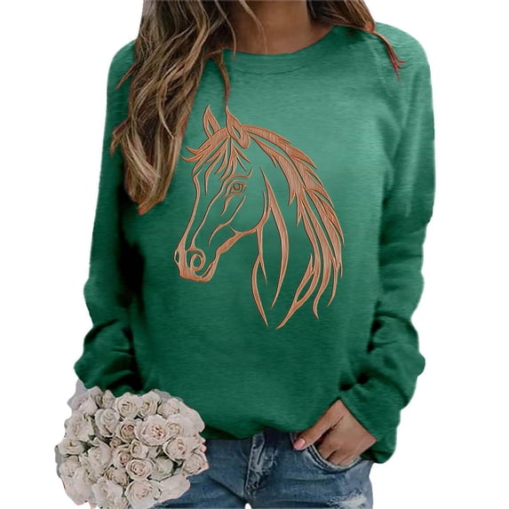 Dolkfu Long Sleeve Tops for Women Trendy Green Pull-on Horse Crew Neck Sweatshirt Animal Printed Casual Tops Green,M