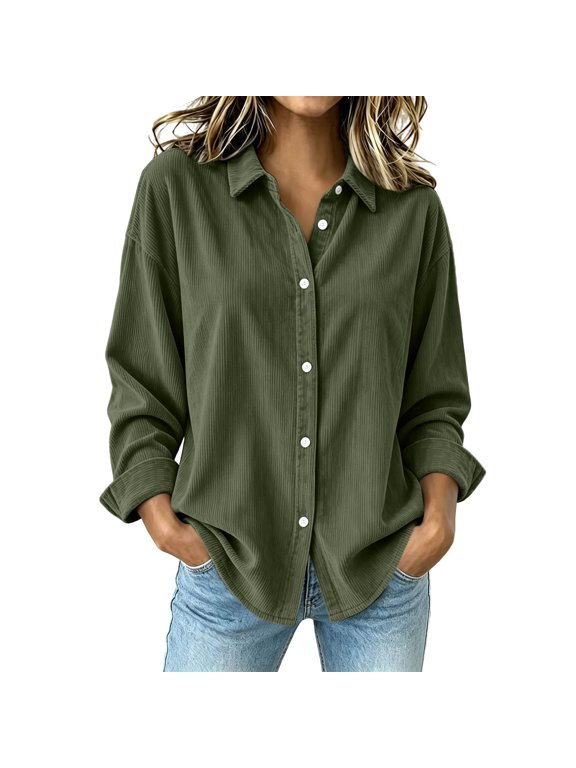Long Sleeve Women'S Blouses Business Casual Corduroy Green Collared Blouse Solid Relaxed Fit Minimalist Modern Tops Army Green,L