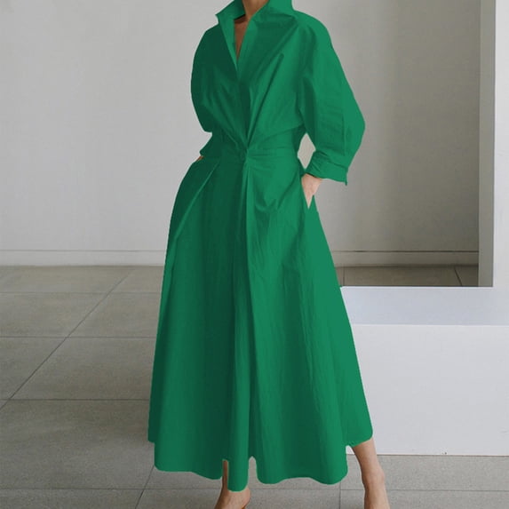 Dolkfu Long Sleeve Women'S Dresses Minimalist Long Green Collared Dresses Waist Cinched Regular Solid Modern Fit & Flare Dresses Green,L