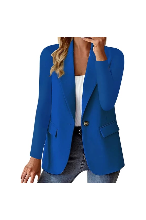 Long Sleeve Women'S Jackets Retro Vintage Collared Button Blue Suit Modern Refined Solid Jackets Blue,M
