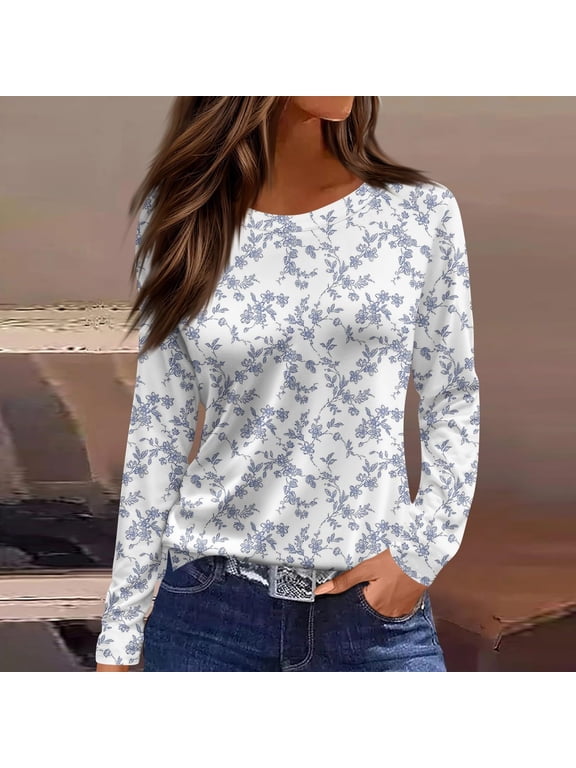 Long Sleeve Women'S Summer Tops Minimalist Crew Neck Pull-on White T-Shirts Casual Printed Botanical Tops White,S