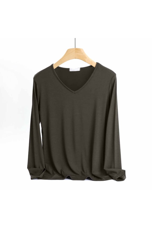 Long Sleeve Women'S Summer Tops V-Neck Brown Pull-on Minimalist T-Shirts Modal Modern Refreshing Solid Tops Coffee,M