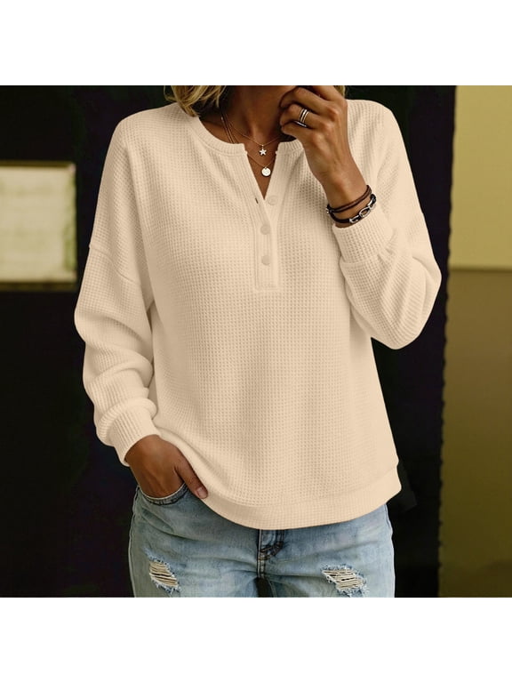 Long Sleeve Women'S Tops, Tees & Tops Yellow Retro V-Neck Pullover Tops Relaxed Fit Solid Modern Casual Tops Khaki,S