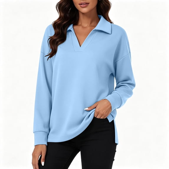 Dolkfu Long Sleeve womens sweatshirt Retro Blue V-Neck Sweatshirt Solid Romance Relaxed Fit Modern Sweatshirts & Hoodies Light Blue,S