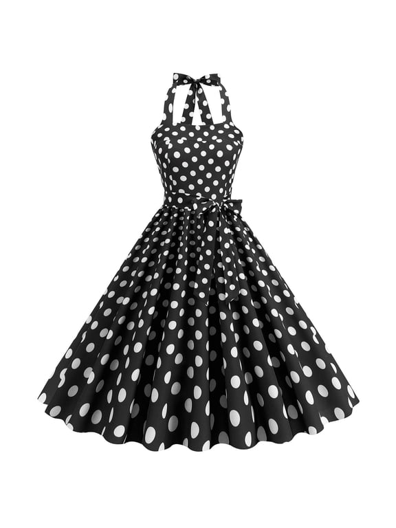Long Summer&Fall Dresses for Women French Style Black Sleeveless Square Neckline Fit & Flare Dresses Polka Dot Regular Full Swing Flared Dresses Black,L