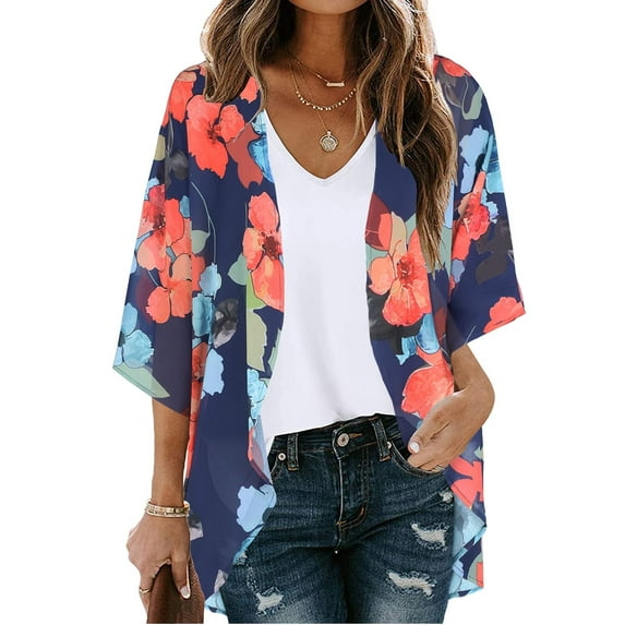 Dolkfu Long Winter Coat Women's Floral Print Puff Sleeve Kimono Cardigan Loose Chiffon Cover up Casual Blouse Tops