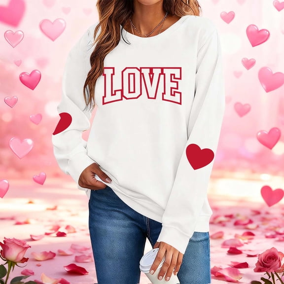 Dolkfu Love Print Fall Shirts for Women Novelty Valentines White Graphic Tees Plus Size Funny Crewneck Woman Clothes XS