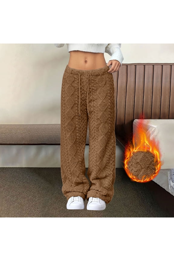 Low Waisted Womens Pants Casual Brown Fuzzy Plush Sweatpants Thermal Drawstring Fleece Pants Women Trousers L