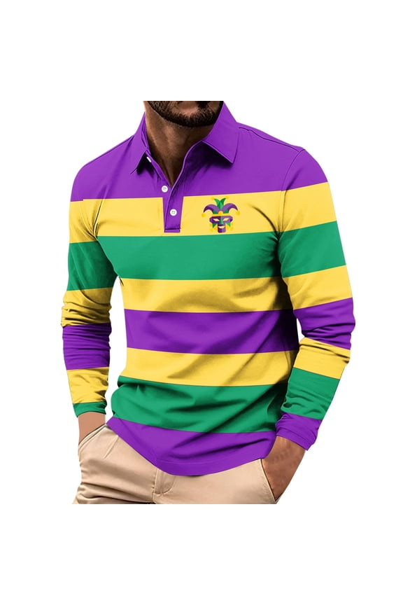 Mardi Gras Shirt for Men Long Sleeve Graphic Polos Office Regular Fit Work Mens Tshirt L