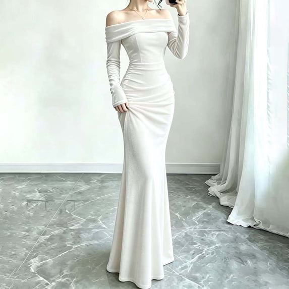 White Splod Dolkfu Maxi White Wedding Dresses for Guest Long Sleeve Boat Neck ...