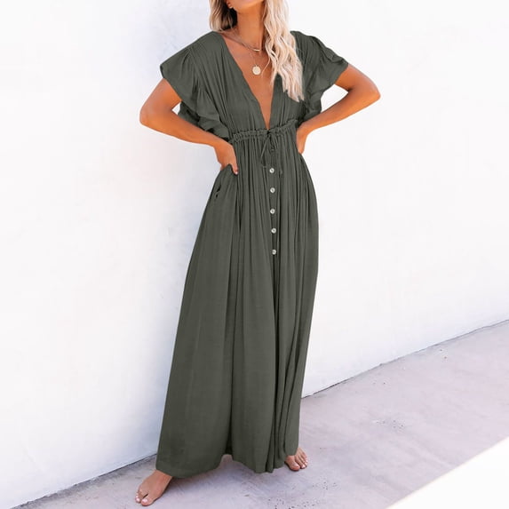 Dolkfu Maxi Women'S Clothing Short Sleeve Green V-Neck Waist Drawstring Fit & Flare Dresses Flow Relaxed Fit Solid Dresses Army Green,Free Size
