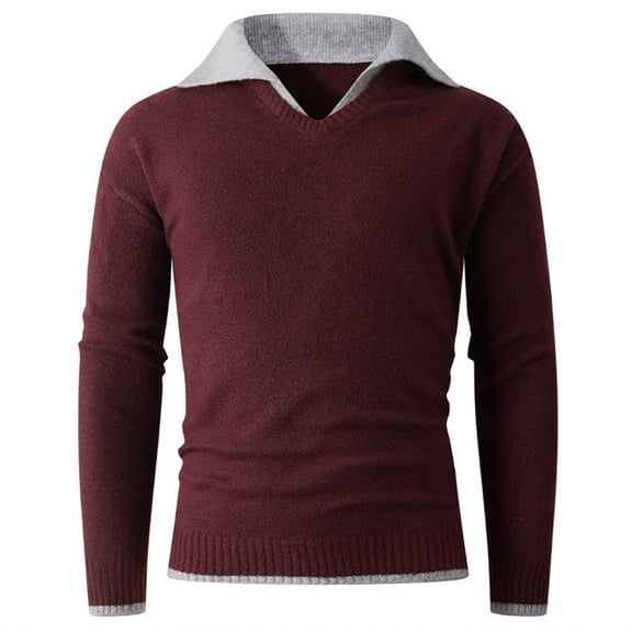 Dolkfu Men Fall Sweaters Collared Classic Fit Red Pullover Sweater Patchwork Thick Long Sleeve Pullover for Men XL