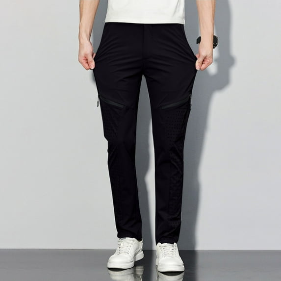 Dolkfu Men Fashion Pants Zipper Black Elastic Waist Straight Leg Tapered Sweatpants Men Trousers 31